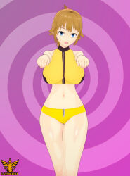 3d alternate_costume bangs bare_legs blue_eyes breasts empty_eyes expressionless female_only femsub fumina_hoshino gundam_(series) gundam_build_fighters gundam_build_fighters_try large_breasts latinkaixa looking_at_viewer open_mouth panties short_hair signature solo spiral spiral_background zombie_walk