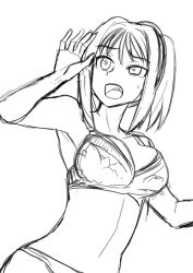  581 bangs bare_shoulders before_and_after blush bra breasts cleavage female_only femsub greyscale large_breasts monochrome open_mouth original panties ponytail simple_background sketch solo sweat tongue underwear white_background 