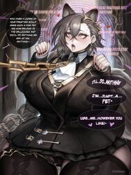  animal_ears arknights clothed collar crossed_eyes drool earrings grey_hair hair_ornament large_breasts large_lips long_hair long_nails mantra nail_polish open_mouth penance_(arknights) speech_bubble spiral_background text tongue tongue_out wolf_girl zelhypno 