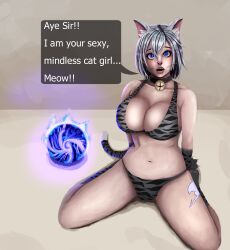 absurdres animal_ears bell_collar blue_eyes blush breasts cat_girl collar drool expressionless fairy_tail female_only femsub foolycooly glowing glowing_eyes hypnotic_orb kneeling large_breasts lisanna_strauss magic open_mouth orb short_hair spread_legs text tiger_girl tiger_print white_hair