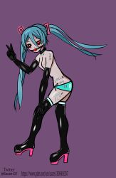  absurdres ball_gag blue_hair body_writing boots breasts collar corruption cum_on_ass drool femsub gag heart heart_eyes hypnotic_accessory latex long_hair middle_finger miku_hatsune panties red_eyes small_breasts soul symbol_in_eyes tattoo text thigh_boots tongue tongue_out topless translation_request twintails underwear v verbal_abuse vocaloid 