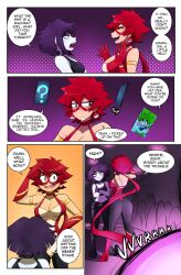 blue_skin bodysuit boots bree_(gacha_gotcha) comic dialogue eye_mask gacha_gotcha gloves goth green_hair kobi94 lilith_(gacha_gotcha) mascara midriff pale_skin pink_lipstick purple_hair red_hair short_hair snip_(gacha_gotcha) speech_bubble text