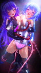  3d bare_shoulders before_and_after blue_eyes blue_hair blush breast_grab cleavage collar crotch_tattoo custom_maid_3d_2 drool empty_eyes erect_nipples erect_nipples_under_clothes female_only femdom femsub gloves happy_trance headdress hug large_breasts leotard long_hair mizuki_(nemox2g) nemox2g nipple_piercing open_mouth opera_gloves purple_hair shoes smile spread_legs static_eyes sweat tattoo tentacles thigh_boots thighhighs tongue vaginal very_long_hair 
