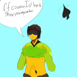  blue_background brown_hair clothed deltarune dialogue dioforce erection faceless_male hypnotic_accessory kris_(deltarune) male_only malesub navel open_mouth pants penis pubic_hair shirt shirt_lift short_hair signature simple_background solo speech_bubble text undressing 
