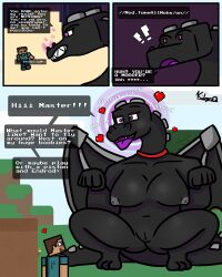  absurdres beard blush brain_drain collar comic control_indicator dialogue dragon dragon_girl ender_dragon english_text furry gameplay_mechanics giantess happy_trance heart heterosexual huge_ass huge_breasts jean_(minecraft) kilroylucy18 minecraft outdoors pet_play pink_eyes purple_eyes pussy size_difference smile speech_bubble spiral spiral_eyes squatting steve_(minecraft) symbol text tongue_out 