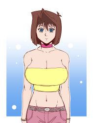 absurdres blue_eyes brown_hair choker cleavage efalabrino empty_eyes expressionless female_only femsub large_breasts midriff navel short_hair simple_background solo standing standing_at_attention tea_gardner tube_top yu-gi-oh!