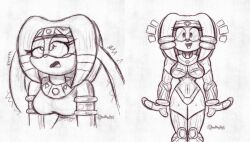 alternate_costume ameerashourdraws bare_shoulders before_and_after brain_injection breasts cleavage dazed fembot femsub furry greyscale necklace open_mouth sketch sonic_the_hedgehog_(series) spiral sweat symbol thighhighs thighs tikal 