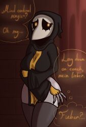  accent bird_girl black_sclera clothed dialogue female_only femsub freemindstuff glowing_eyes grey_skin hood large_ass large_breasts large_hips margaret_kleinn_(vetisxart) mask plague_doctor robe solo speech_bubble text thighhighs yellow_eyes 