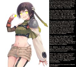  black_hair breasts caption female_only femsub final_fantasy final_fantasy_vii fukahire ghost13_(writer) glowing glowing_eyes icontrol_(manipper) jean_shorts large_breasts looking_at_viewer manip midriff navel open_mouth short_hair shorts solo spiral_eyes symbol_in_eyes text trigger yuffie_kisaragi 