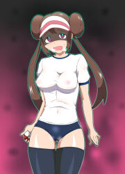  breasts brown_hair cameltoe dazed double_hair_bun empty_eyes erect_nipples female_only femsub glowing glowing_eyes gym_uniform hair_buns hat large_breasts latex long_hair nintendo pokemon pokemon_black_and_white_2 pussy_juice rosa_(pokemon) see-through solo thighhighs twintails yukinozyo 