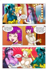  absurdres alien_girl bare_legs blonde_hair blue_eyes blue_skin border bow brown_eyes cleavage closed_eyes comic crossover crown dialogue discolored_nipples dress empty_eyes english_text equestria_girls facial_markings freckles green_hair groping hair_buns happy_trance high_heels horns kimberly_smith_(daveyboysmith9) large_breasts long_hair lum midriff multicolored_hair my_little_pony oni_girl open_mouth opera_gloves original princess purple_eyes purple_hair purple_lipstick purple_skin sailor_moon sailor_moon_(series) short_hair speech_bubble story text twilight_sparkle twintails undressing urusei_yatsura wadevezecha 