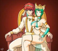  ahoge alerith alternate_costume assertive_sub atalanta_(fate) bare_legs bare_shoulders blonde_hair chair clothed command_seal costume crossed_legs empty_eyes fate/grand_order fate/stay_night fate_(series) femsub fingerless_gloves gloves gradient_background green_eyes green_hair hand_on_hip happy_trance harem_outfit heterosexual hypnotic_tattoo legs loincloth looking_at_viewer maledom midriff multicolored_hair navel opera_gloves orange_hair red_background see-through shirou_emiya short_hair signature simple_background sitting smile tattoo thighs very_long_hair yellow_eyes 