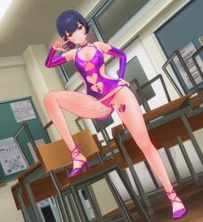  3d black_hair body_writing choker classroom clothed_exposure custom_maid_3d_2 dfish303 dress earrings femsub gloves hand_on_hip looking_at_viewer nail_polish navel navel_piercing opera_gloves pink_eyes rubber shoes short_hair small_breasts smile tattoo thong v 