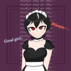  absurdres black_hair choker collarbone dialogue everes_(zires) female_only femsub maid maid_headdress mantra namecantbeblank original red_eyes short_hair smile solo spiral_eyes standing symbol_in_eyes text 