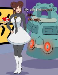  absurdres boots breasts bronzong bzurrrf corruption dialogue double_hair_bun empty_eyes enemy_conversion femsub glowing glowing_eyes hair_buns hand_on_hip high_heels large_breasts long_hair nintendo open_mouth pokeball pokemon pokemon_(creature) pokemon_black_and_white_2 rosa_(pokemon) skirt team_galactic text thighhighs twintails 