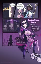  absurdres animal_ears black_hair black_sclera breasts cat_girl comic corruption dialogue female_only femdom femsub glowing glowing_eyes happy_trance inkyfluffsdraws large_breasts lore_(littleinksheep) open_mouth original short_hair smile text transformation 