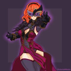  absurdres alternate_costume armor breasts celica_(fire_emblem) cleavage corruption enemy_conversion expressionless eye_mask female_only fire_emblem fire_emblem_echoes glowing glowing_eyes hair_band leotard looking_at_viewer nintendo orange_hair short_hair simple_background solo thighhighs victoriamikoto 