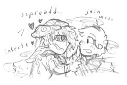 dazed english_text happy_trance heart hypnotized_hypnotist male_only maledom malesub multiple_boys mushroom open_mouth parasite ring_eyes simple_background sketch sleepyboi32 smile text white_background