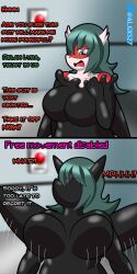 absurdres al_gx ass bodysuit breasts comic corruption drone expressionless female_only femsub furry hypnotic_slime large_ass large_breasts latex latias long_hair maledom mask nintendo open_mouth pokemon robotization rubber tech_control text transformation
