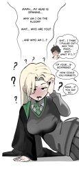    absurdres amnesia blonde_hair blush brain_drain breasts clothed confused draco_malfoy drool english_text femsub genderswap glasses glatu harry_james_potter harry_potter_(series) light_skin long_hair magic maledom open_mouth short_hair simple_background speech_bubble sweater symbol text tie white_background 