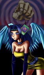  blue_eyes cleavage collar dark_witch expressionless female_only femsub horns hypnogoat666 leaning_forward long_hair magic pendulum phantom_hand spiral spiral_eyes standing standing_at_attention symbol_in_eyes wings yu-gi-oh! 