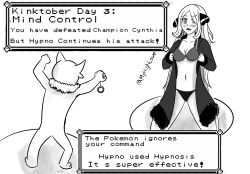  androgynous androgynous_dom blush breasts coat cynthia_(pokemon) defeated english_text femsub from_behind greyscale hypno kneeling maledom midriff myhighlow navel nintendo open_clothes open_mouth pendulum pokemon pokemon_(creature) pokemon_diamond_pearl_and_platinum pokemon_red_green_blue_and_yellow spiral_eyes story text user_interface very_long_hair 