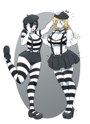 absurdres aware black_hair blonde_hair breasts character_request cleavage female_only femdom femsub gloves hair_covering_one_eye heart high_heels kobi94 large_breasts makeup midriff mime navel original sasha_(kobi94) short_hair shorts skirt standing sweat thighhighs tongue tongue_out transformation
