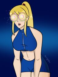  bangs blonde_hair blue_background clothed crisplukae drool female_only femsub fortnite hypnot-eyes hypnotic_eyes leaning_forward metroid_(series) midriff nintendo open_mouth ponytail samus_aran shorts simple_background solo sparkle spiral standing tank_top 