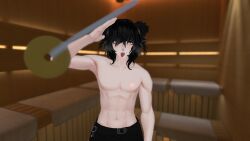  abs black_hair male_only malesub open_mouth pendulum ponytail pov pov_dom red_eyes saluting standing standing_at_attention vrchat 