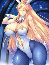  absurdres artoria_pendragon artoria_pendragon_(lancer) blonde_hair breasts bunny_ears bunnysuit cleavage cuffs fake_animal_ears fate/grand_order fate_(series) female_only femsub fishnets haganef happy_trance icontrol_(manipper) large_breasts long_hair looking_at_viewer manip solo spiral_eyes symbol_in_eyes 