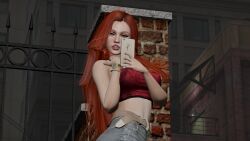3d absurdres blush clothed female_only green_eyes hypnotic_eyes long_hair open_mouth original phone red2blaze red_blaze red_hair second_life spiral spiral_eyes symbol_in_eyes