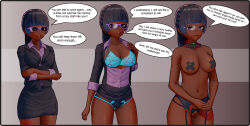  absurdres angry ass bangs bare_legs before_and_after black_hair bra breasts choker clothed clothed_exposure collarbone crossed_arms crotchless_panties dark_skin dialogue femsub glasses koikatsu! koikatsu_sunshine! large_hips lingerie navel office_lady open_mouth panties pasties purple_eyes pussy ring_eyes simple_background smile speech_bubble standing straight-cut_bangs sunglasses tagme tape text unaware underwear undressing xanamind 