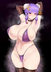 armpits arms_above_head arms_behind_back bikini_bottom bikini_top blush breasts cleavage coin collar femsub gloves huge_breasts large_hips manip misterman4_(manipper) open_mouth patchouli_knowledge pendulum purple_hair sinkai sweat swimsuit tagme thighhighs tied_hair touhou