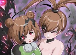  aura bandai_namco bare_shoulders breasts brown_hair cleavage corruption digimon digimon_xros_wars eye_color_change facial_markings femsub glowing_eyes kotone_amano looking_at_viewer multiple_eyes nene_amano ponytail possession red_eyes sawa_d shademon sisters smile 