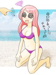 barefoot beach bikini bikini_bottom bikini_top blush breasts character_request cleavage drool femsub japanese_text light_skin maledom navel open_mouth original outdoors pale_skin pink_hair spiral spiral_eyes squatting symbol symbol_in_eyes text tn translation_request