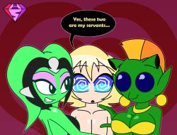  alien alien_girl bare_shoulders black_eyes blonde_hair blue_eyes breasts cleavage earrings english_text expressionless eyeshadow femdom greeata_jendowanian green_skin heart hypnoscream jewelry large_breasts looking_at_viewer luke_skywalker makeup malesub mohawk multiple_doms multiple_girls necklace oola orange_hair pink_background red_background rodian smile speech_bubble spiral_eyes spiralwash_eyes star_wars tagme text twi'lek 