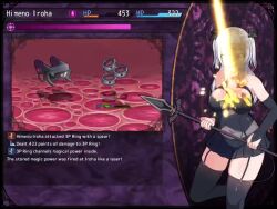  animated brown_hair cleavage demon_girl electricity femsub fingering gameplay_mechanics happy_trance heart leggings long_hair masturbation miniskirt orgasm pussy_juice short_skirt silver_hair sound spear spread_legs succubus tech_control twintails video video_game visor 