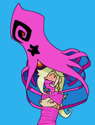 alien androgynous_dom blonde_hair blue_background blush bondage breasts cursa earrings female_only femsub hair_covering_one_eye long_hair mario_+_rabbids_sparks_of_hope nintendo nipple_piercing nipples orange_eyes princess_rosalina restrained ribbon ribbon_bondage rope sarah_succubus simple_background spiralwash_eyes super_mario_bros. super_mario_galaxy