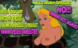  aged_up alice alice_in_wonderland blonde_hair bottomless breasts coils disney femsub hypnotic_eyes jungle kaa kaa_eyes maledom nude restrained snake text the_jungle_book topless waqqed_(manipper) 