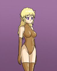 alternate_costume bare_shoulders blonde_hair breasts clothed ellen_(nobody-kadaj) empty_eyes expressionless fembot femsub gloves leotard mythkaz opera_gloves original purple_background purple_eyes simple_background solo standing thighhighs thighs very_long_hair