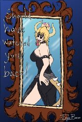 absurdres bare_shoulders black_eyes blonde_hair boo_(mario) bowsette breasts crown dialogue eagle_bacon english_text femsub hand_on_hip horns long_tongue looking_back mirror new_super_mario_bros._u_deluxe nintendo possession royalty super_crown super_mario_bros. tagme tail text tongue tongue_out