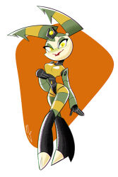  brokenlynx corruption enemy_conversion evil_smile female_only femsub jenny_wakeman my_life_as_a_teenage_robot nickelodeon robot robot_girl smile solo western yellow_eyes 