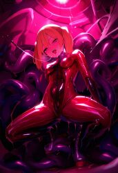  ai_art blonde_hair blush bodysuit boots breath catsuit drool female_only femsub glowing looking_at_viewer mind_break open_mouth pink_eyes rubber shokushu_to_on&#039;nanoko_(generator) small_breasts solo spread_legs squatting sweat tentacles tight_clothing tongue tongue_out twintails wet wet_clothes zipper 