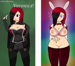  animal_ears before_and_after bottomless bow_tie breasts brown_eyes bunny_ears cape doc-helix exposed_chest femsub gloves hair_covering_one_eye huge_breasts multicolored_eyes opera_gloves original rainbow_eyes red_hair spiral_eyes standing standing_at_attention symbol_in_eyes text thighhighs veronica_(doc-helix) 