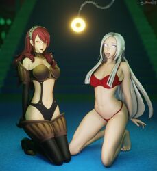 3d bare_legs barefoot bikini bikini_armor coin collarbone crossover dochaunt edelgard_von_hresvelg expressionless femsub fire_emblem fire_emblem_three_houses gloves glowing_eyes hair_band hair_ribbon heavy_eyelids high_heels kneeling large_breasts long_hair mitsuru_kirijo multiple_girls multiple_subs navel nintendo open_mouth opera_gloves pendulum persona_(series) persona_3 pink_eyes red_eyes red_hair signature thighhighs tongue tongue_out very_long_hair white_hair