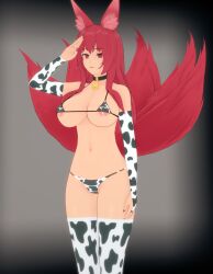3d anno_(anno) bikini breasts cow_girl cow_print empty_eyes koikatsu! lactation micro_bikini original red_hair saluting simple_background thehguy