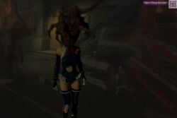  3d absurdres bare_shoulders bow bow_tie capcom crossover dead_or_alive death femsub gloves leotard marie_rose miniskirt nemesis_alpha opera_gloves parasite resident_evil resident_evil_3_remake screenshot skirt small_breasts standing tar_18 thigh_boots thighhighs torn_clothes watermark zombie 
