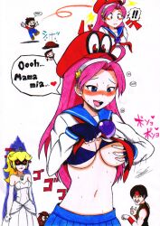 accidental_hypnosis athena_asamiya black_hair blonde_hair blue_eyes blush bra breasts cappy cleavage crossover crown drool english_text femsub fingerless_gloves gloves goomba groping happy_trance hat headband heart holding_breasts japanese_text jewelry king_of_fighters lipstick long_hair maledom mario midriff necklace nintendo open_mouth pink_hair possession princess princess_peach psycho_soldier red_eyes sendy1992 short_hair sie_kensou smile super_mario_bros. super_mario_odyssey sweat text translation_request white_background