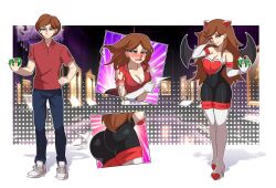 absurdres ass ass_expansion bare_shoulders before_and_after bodysuit border brown_hair cleavage comic dress erasethismail femsub gloves heart high_heels malesub opera_gloves rouge_the_bat shoes sonic_the_hedgehog_(series) tight_clothing transformation transgender