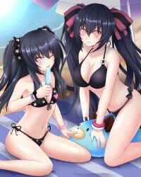 beach bikini black_hair breasts cleavage female_only femsub happy_trance hyperdimension_neptunia icontrol_(manipper) large_breasts long_hair looking_at_viewer manip multiple_girls multiple_subs navel noire popsicle seshiro_(which501) sisters smile spiral_eyes swimsuit symbol_in_eyes twintails uni